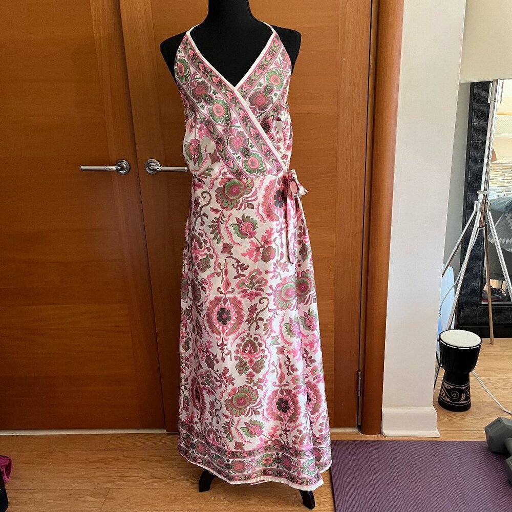Floral Print Satin Wrap Midi Dress New, Size S/M